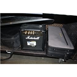 SHELF LOT INCLUDING BASS GUITAR, ELECTRIC GUITAR AND SMALL AMP