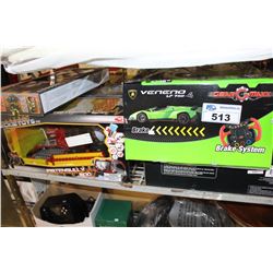 SHELF LOT OF REMOTE CONTROL CARS, GEL PACK AND MORE