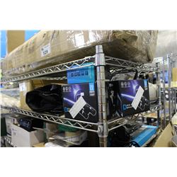 SHELF LOT OF HEATING PAD, BINOCULARS, TOWELS AND MORE