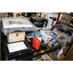 SHELF LOT OF HAIR STYLING TOOLS, HEATING PAD AND MORE