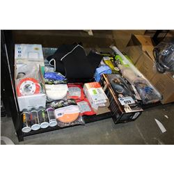 SHELF LOT OF INDOOR OUTDOOR THERMOMETERS, HAIR TOOLS, AND MORE