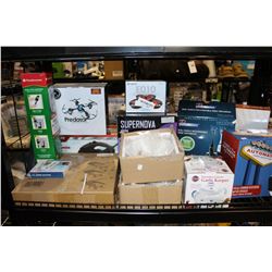 SHELF LOT OF GARLIC KEEPER, SIX DECK SHUFFLER, TOOTHBRUSH AND MORE