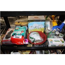 SHELF LOT OF ALARM CLOCK, WINNIE THE POOH DINNER SET AND MORE