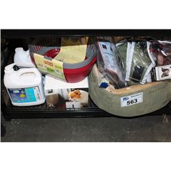 SHELF LOT OF HEATED PET BED AND OTHER PET ITEMS