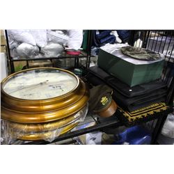 SHELF LOT OF 3 LARGE CLOCKS, FRONT ENTRANCE MAT AND MORE