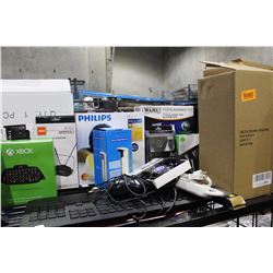 SHELF LOT OF WALL LIGHT, HUMIDIFIER, KEYBOARDS AND MORE