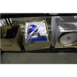 SHELF LOT OF LAMP, MONSTER VAC AND MORE