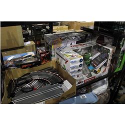 SHELF LOT OF RC CARS, TABLETOP RACE SET AND MORE