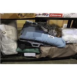SHELF LOT OF MISC BEDDING AND MORE