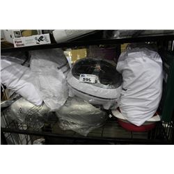 SHELF LOT OF FOOT MASSAGERS, BATHROBES AND MORE