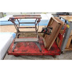 SAW HORSE, ROUTER, AND RED ROLLING CART