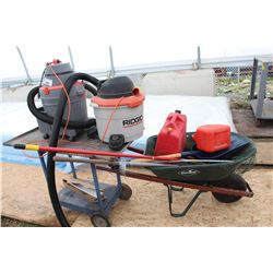 3 SHOP VACS, WHEELBARROW, SHOVELS, JERRY CANS, AND ROLLING CART