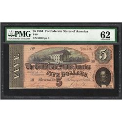 1864 $5 Confederate States of America Note T-69 PMG Uncirculated 62