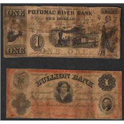 Lot of (2) Obsolete Bank Notes - 1855 $1 Potomax & 1862 $1 Bullion Bank