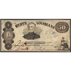 1863 $50 The State of Louisiana Obsolete Note