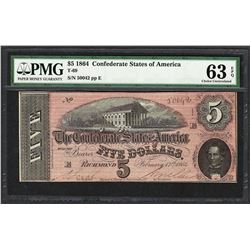 1864 $5 Confederate States of America Note T-69 PMG Choice Uncirculated 63EPQ