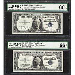 Lot of (2) Consecutive 1957 $1 Silver Certificate Notes PMG Gem Uncirculated 66E