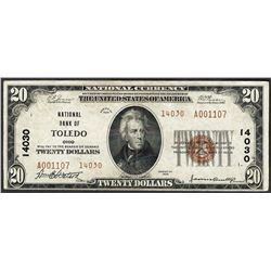 1929 $20 National Bank of Toledo National Currency Note CH# 14030
