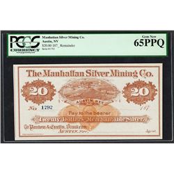 1870's $20 Manhattan Silver Mining Co. Obsolete Note PCGS Gem New 65PPQ