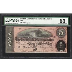 1864 $5 Confederate States of America Note T-69 PMG Choice Uncirculated 63