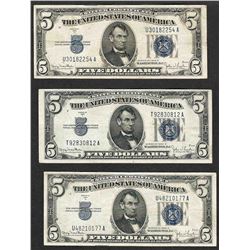 Lot of (3) 1934D $5 Silver Certificate Notes