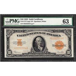 1922 $10 Gold Certificate Note Fr.1173 PMG Choice Uncirculated 63