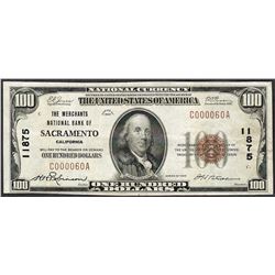 1929 $100 Merchants National Bank of Sacramento Note CH# 11875 Low Serial