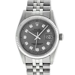 Rolex Mens 36mm Stainless Steel Slate Grey Diamond Datejust Wristwatch