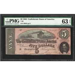 1864 $5 Confederate States of America Note T-69 PMG Choice Uncirculated 63EPQ