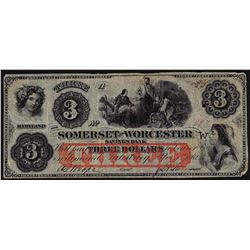 1862 $3 Somerset and Worcester Savings Bank Obsolete Note