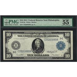 1914 $10 Federal Reserve Note Philadelphia Fr.915a PMG About Uncirculated 55EPQ