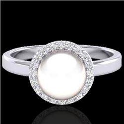 0.25 CTW Micro Pave Halo VS/SI Diamond & White Pearl Ring 18K White Gold - REF-53N6Y - 21646
