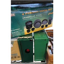 TWO GREEN COLEMAN STOVES AND COOK SET