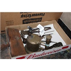 LOT OF VINTAGE TOOLS AND SMALL BLOW TORCH