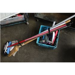 CRATE AND BUNDLE OF BROOMS AND DUST PANS