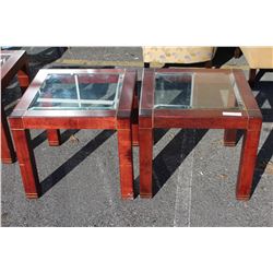 PAIR OF GLASSTOP WOOD AND BRASS INSERT ENDTABLES