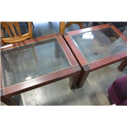 PAIR OF GLASSTOP WOOD AND BRASS INSERT COFFEE TABLES