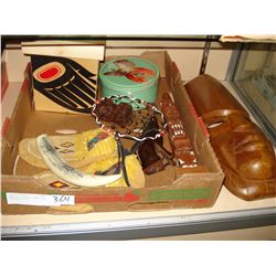 TRAY OF NATIVE ITEMS BOX MOCCASINS ETC