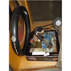 HARLEY DAVIDSON TIN STEERING WHEEL COVER AND LIGHT WITH MAGNIFIER