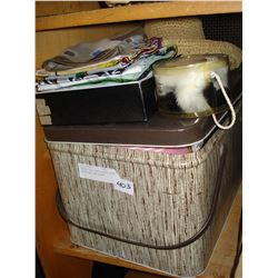 VINTAGE TIN PICNIC BASKET WITH LADIES HATS AND SCARFS