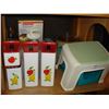 Image 1 : SHELF LOT OF RETRO CANNISTERS AND KITCHEN ITEMS AND TWO STEP STOOLS