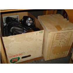 BOX OF ELECTRONICS AND PROJECTOR AND SCREEN