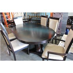 MODERN BLACK DINING TABLE WITH LEAF AND SIX BLACK MICROFIBRE CHAIRS