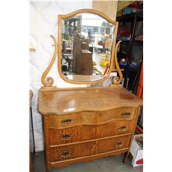 THREE DRAWER OAK CANADIANA DRESSER WITH MIRROR