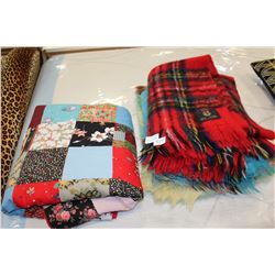 HAND MADE QUILT AND THREE MOHAIR BLANKETS MADE IN SCOTLAND