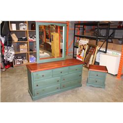 SEVEN DRAWER PINE AND GREEN DRESSER WITH MIRROR AND NIGHTSTAND