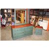Image 1 : SEVEN DRAWER PINE AND GREEN DRESSER WITH MIRROR AND NIGHTSTAND