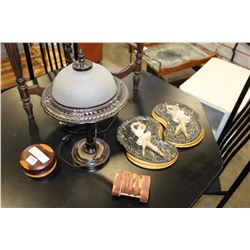 DESIGNER TABLE LAMP AND CHALKWARE BALLERINAS AND WOOD ITEMS