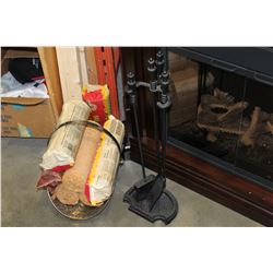 BLACK FIREPLACE SET WITH LOADED LOG CARRIER