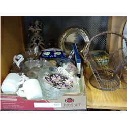 SHELF LOT OF COLLECTIBLE POTTERY CHINA AND GLASSWARE AND HEAVY WIRE GAUGE BASKET AND TINS